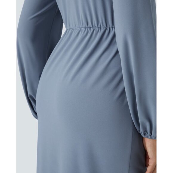 Halara V Neck Long Sleeve Tulip Hem Midi Dress Sz Medium Blue Womens - Picture 8 of 16